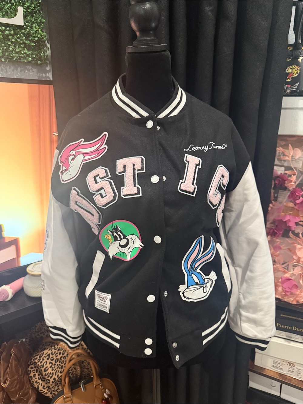 Warner Bros. Black & White Looney Tunes Varsity Jacket with Character Patches